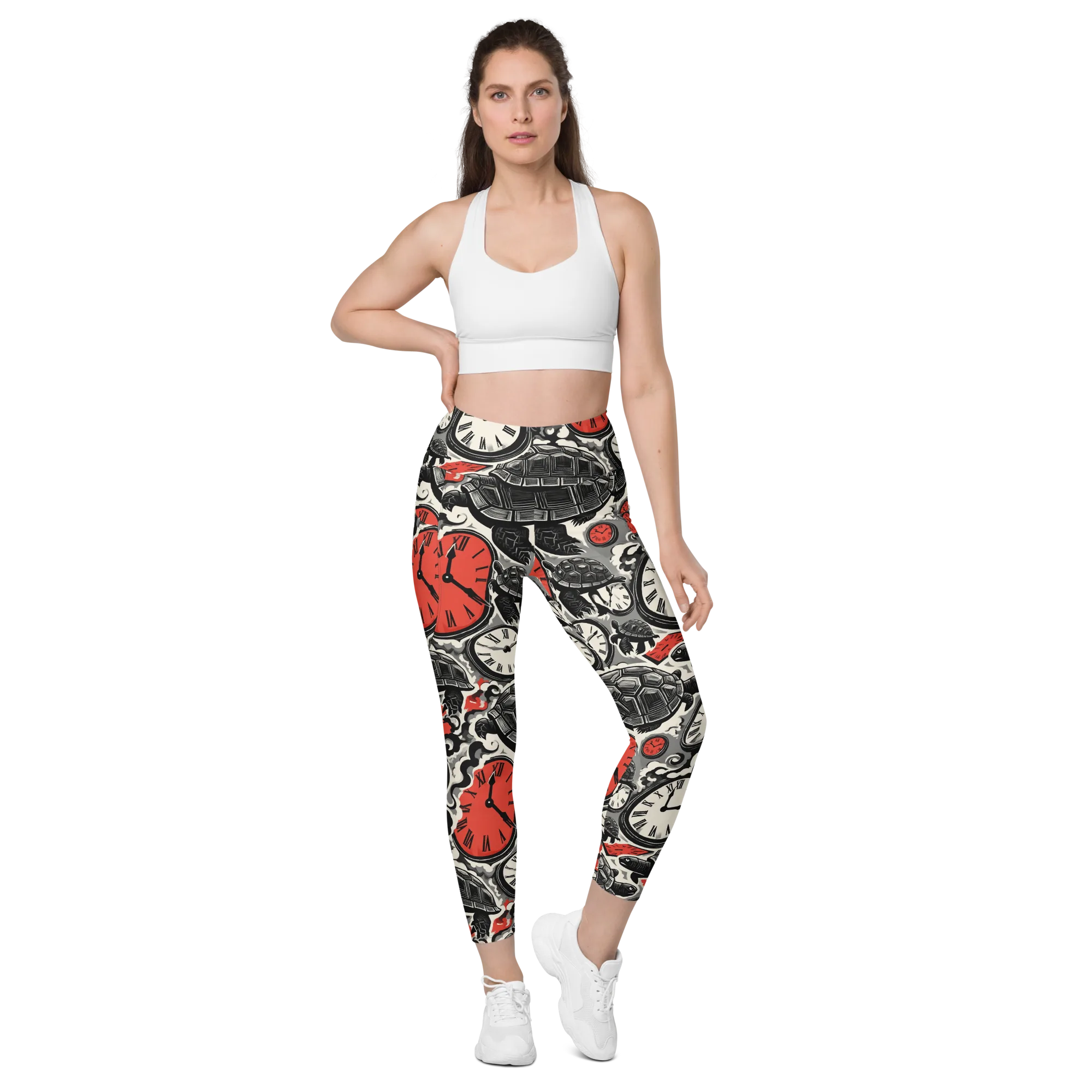 Red Hour Almanac on Leggings with Pockets — Front