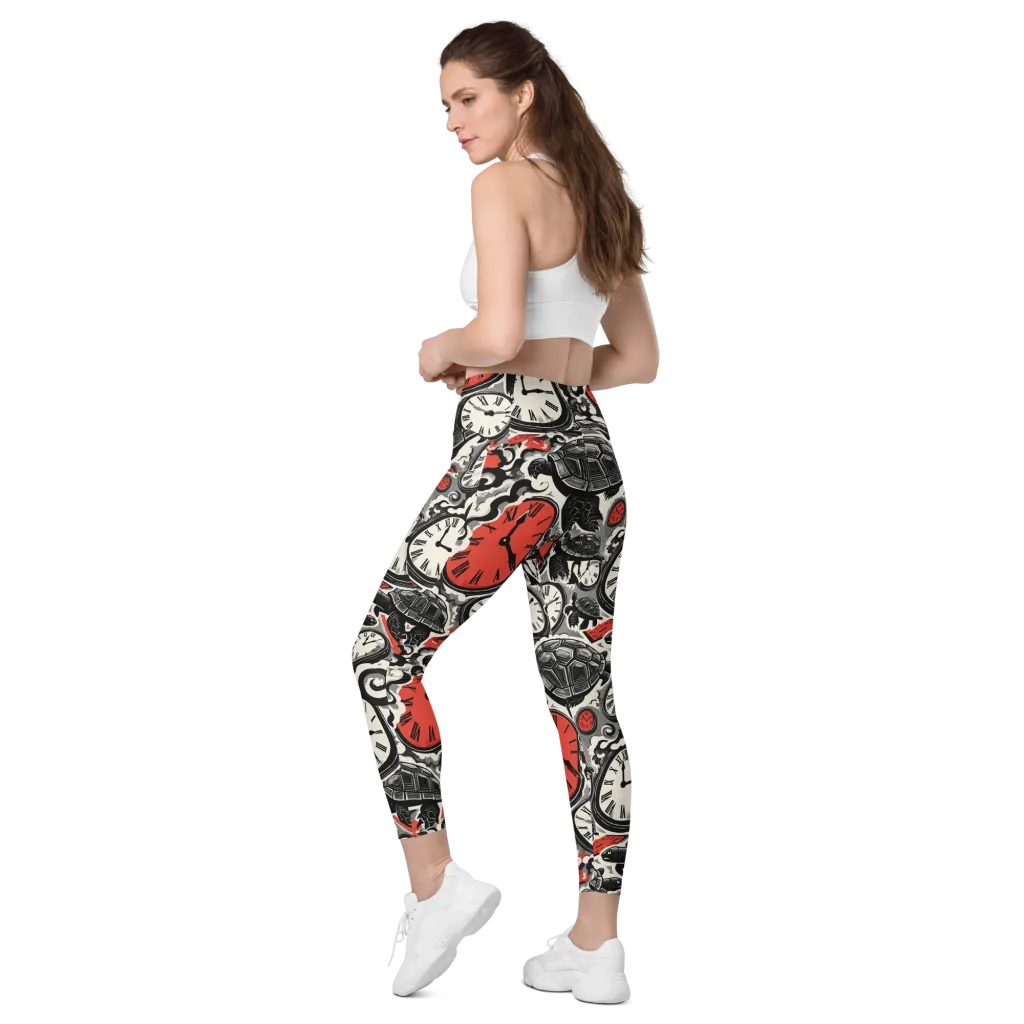 Red Hour Almanac on Leggings with Pockets — Left Back
