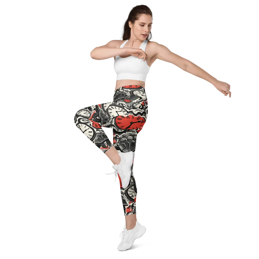 Red Hour Almanac on Leggings with Pockets — Left Front