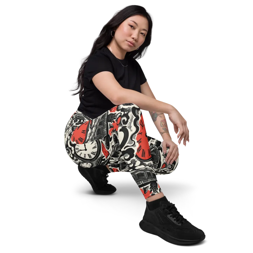 Red Hour Almanac on Leggings with Pockets — Right Front