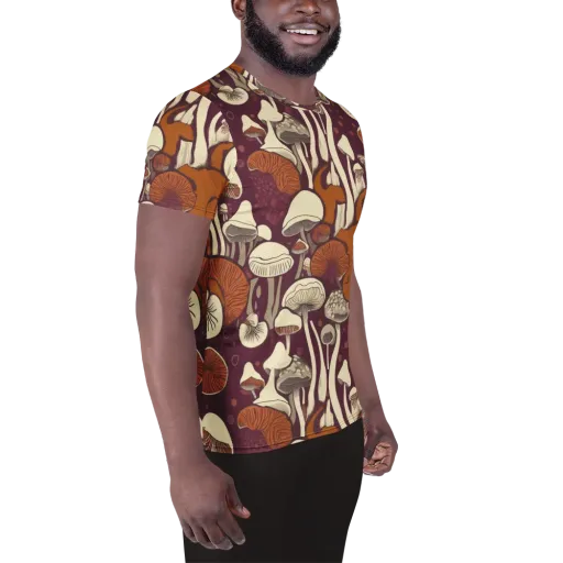 Mushroom Moonrise on a Men's Athletic T-Shirt