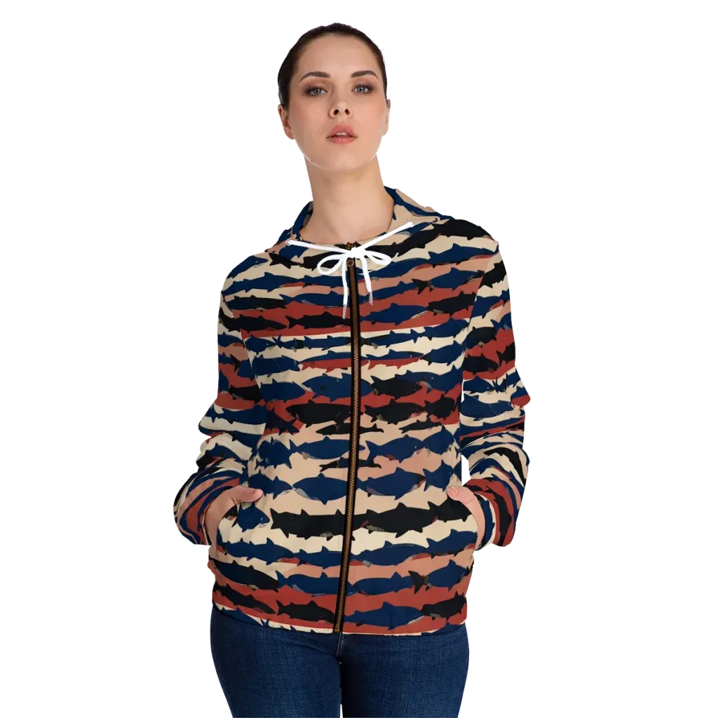 Midnight Run Fish on Women's Full-Zip Hoodie — Front On Person