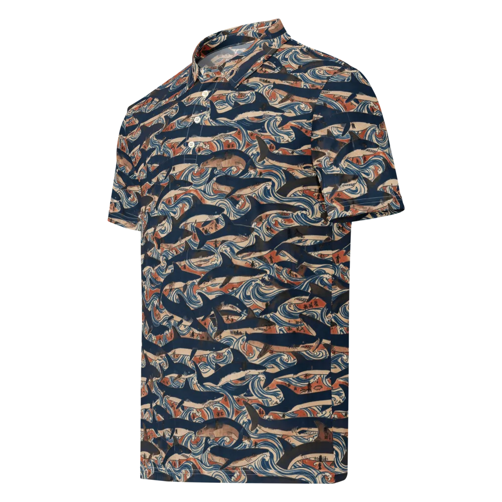 Indigo Koi Current on Men's Slim Fit Polo Shirt — Left Front