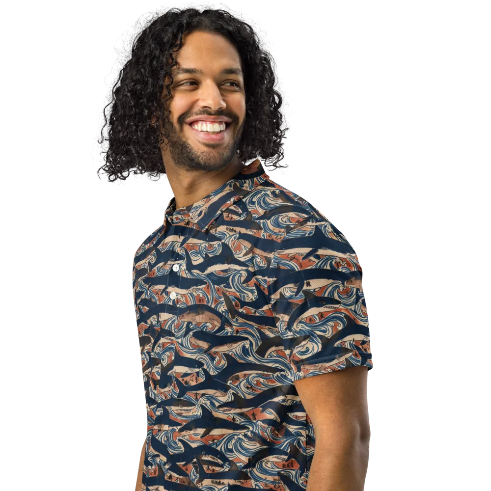 Indigo Koi Current on Men's Slim Fit Polo Shirt — Left Front