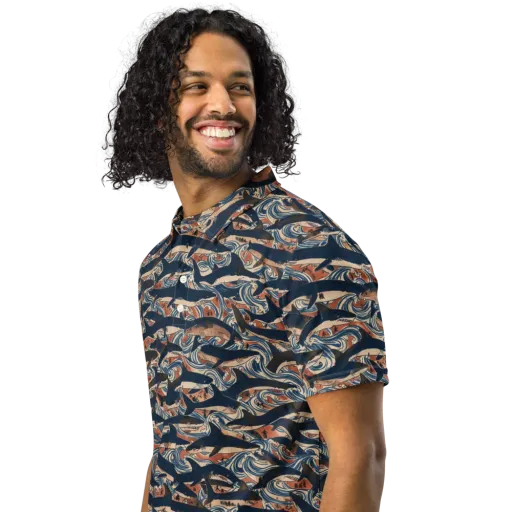 Indigo Koi Current on a Men's Slim Fit Polo Shirt