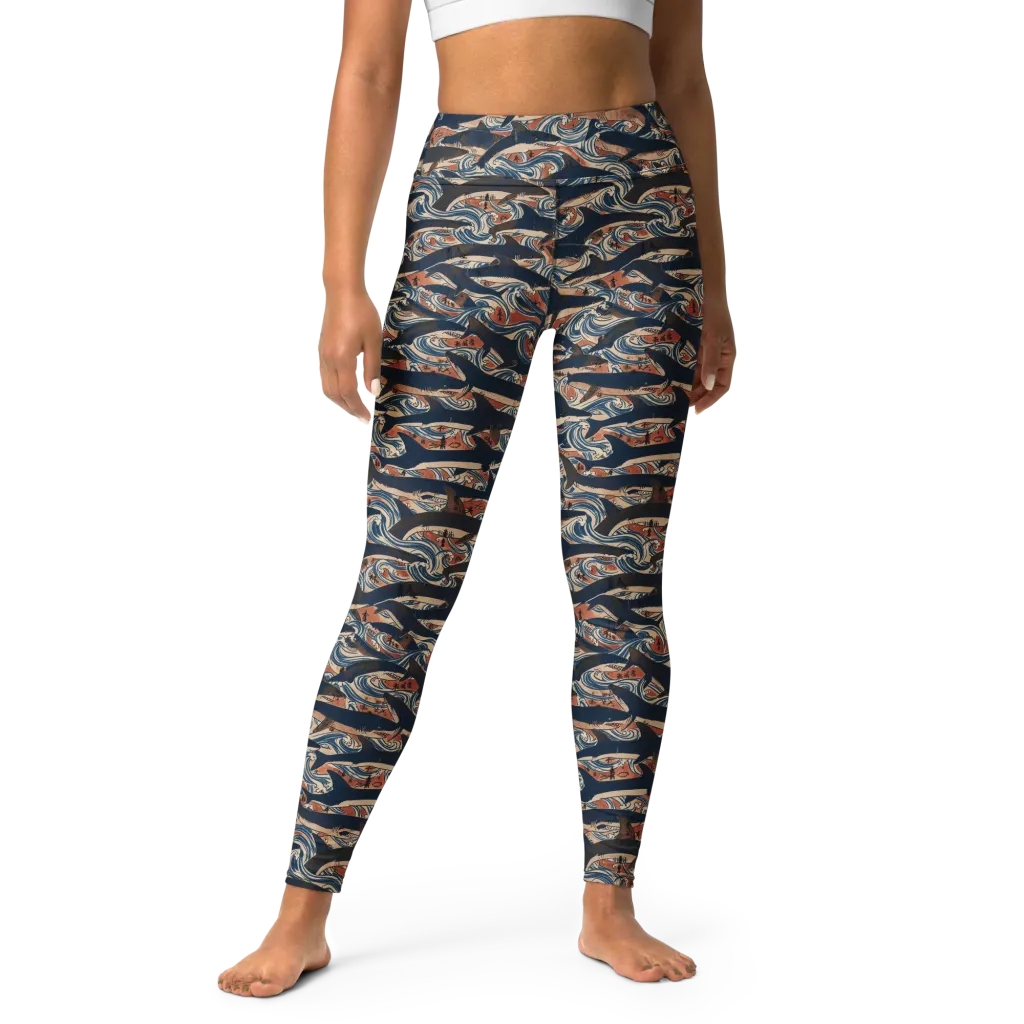Indigo Koi Current on Yoga Leggings — Front