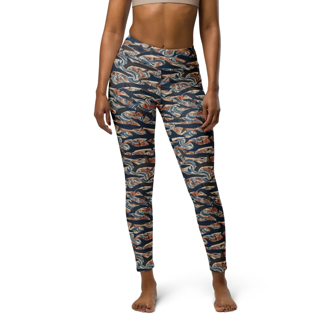 Indigo Koi Current on Yoga Leggings — Front