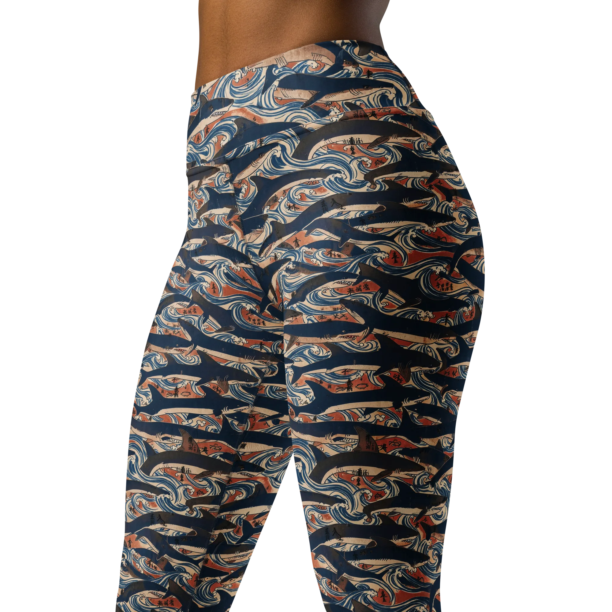 Indigo Koi Current on Yoga Leggings — Left Front