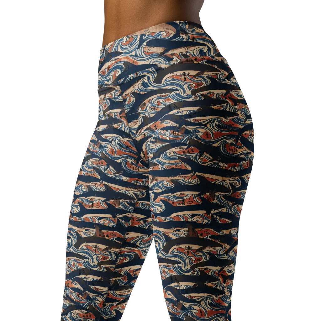 Indigo Koi Current on Yoga Leggings — Left Front