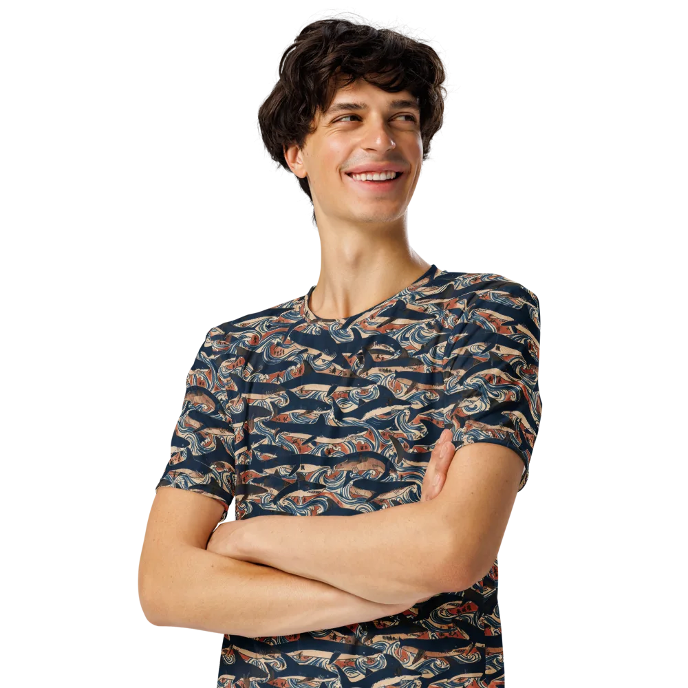 Indigo Koi Current on Men's Crew Neck T-Shirt — Left Front