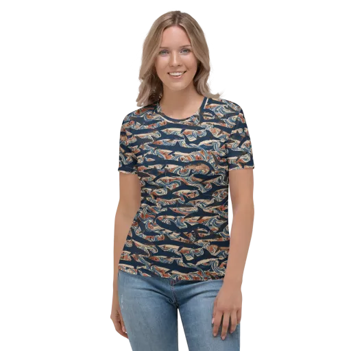 Indigo Koi Current on a Women's Crew Neck T-Shirt