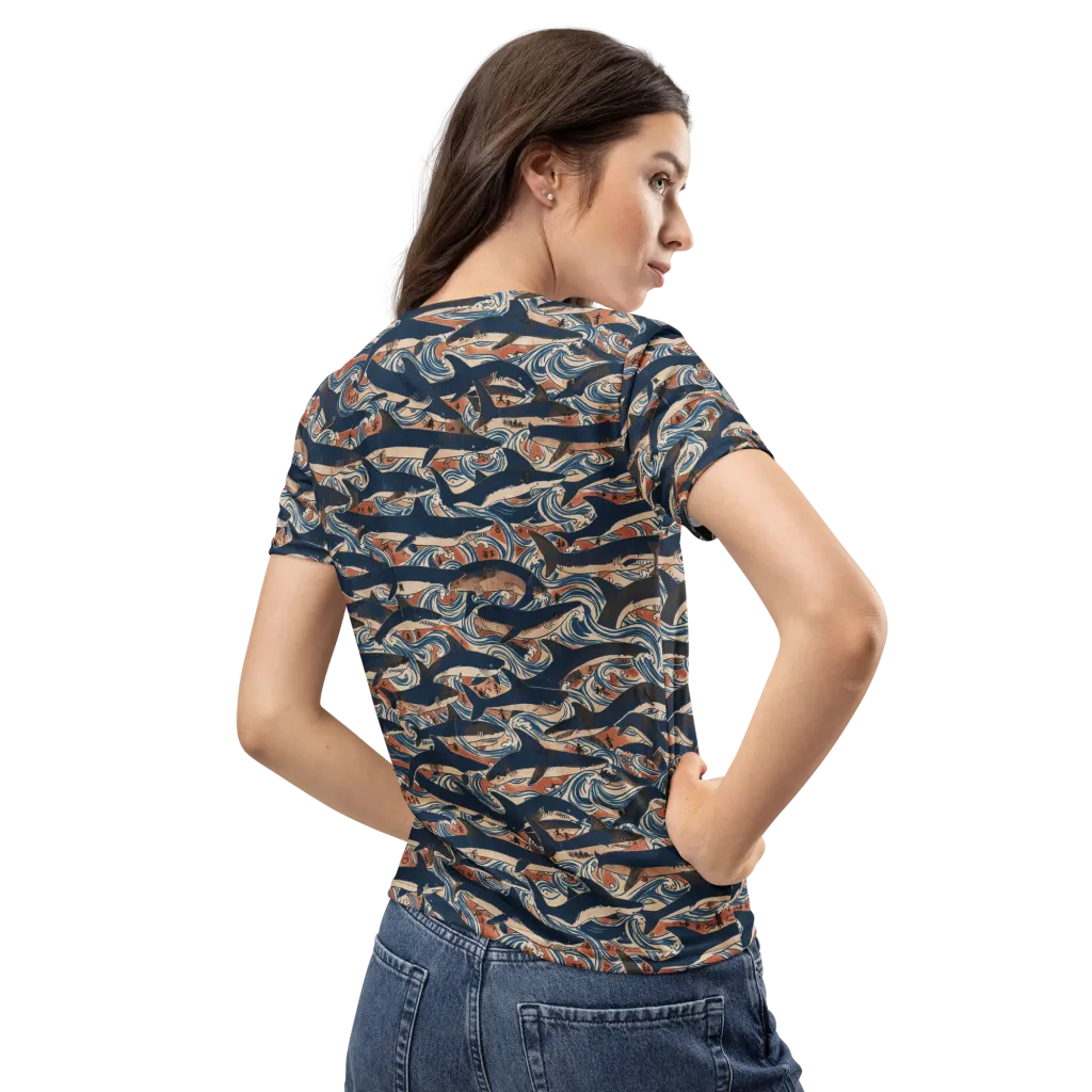 Indigo Koi Current on Women's Crew Neck T-Shirt — Back