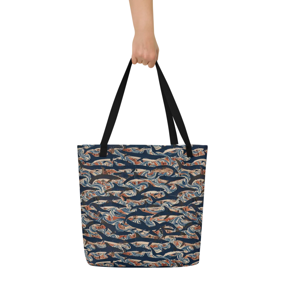 Indigo Koi Current on Large Tote Bag W/ Pocket — Front