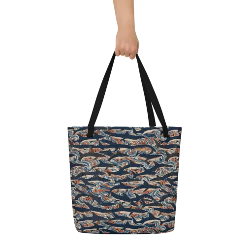 Indigo Koi Current on a Large Tote Bag W/ Pocket