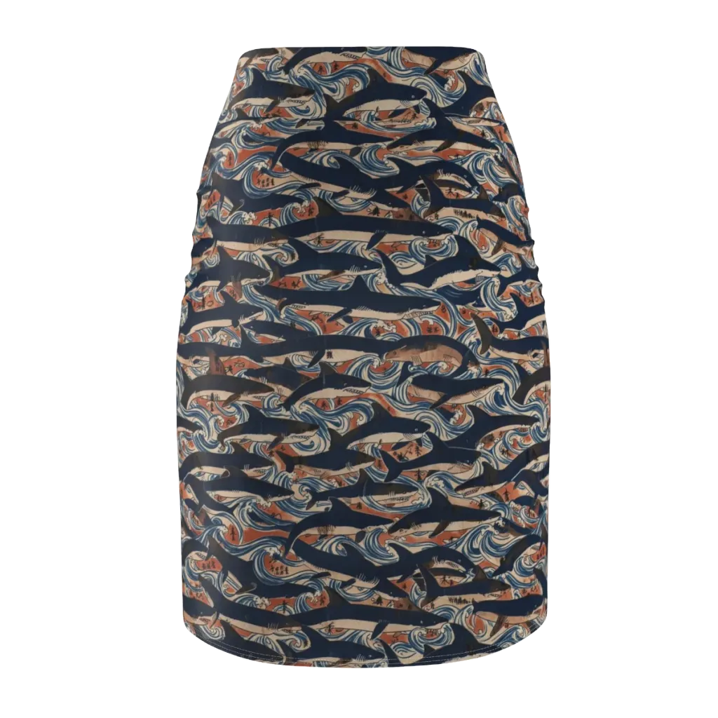Indigo Koi Current on Pencil Skirt — Back