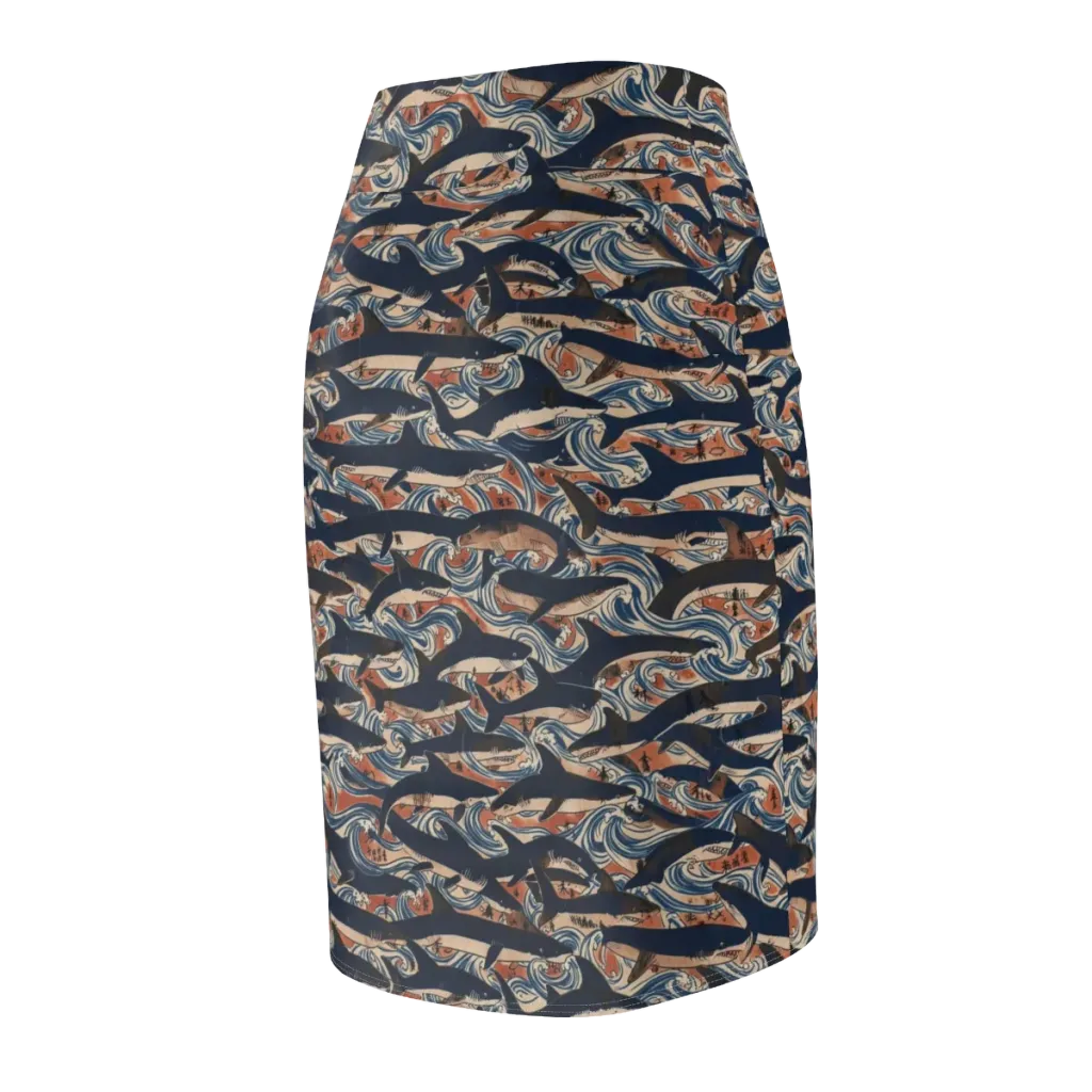 Indigo Koi Current on Pencil Skirt — Back Side