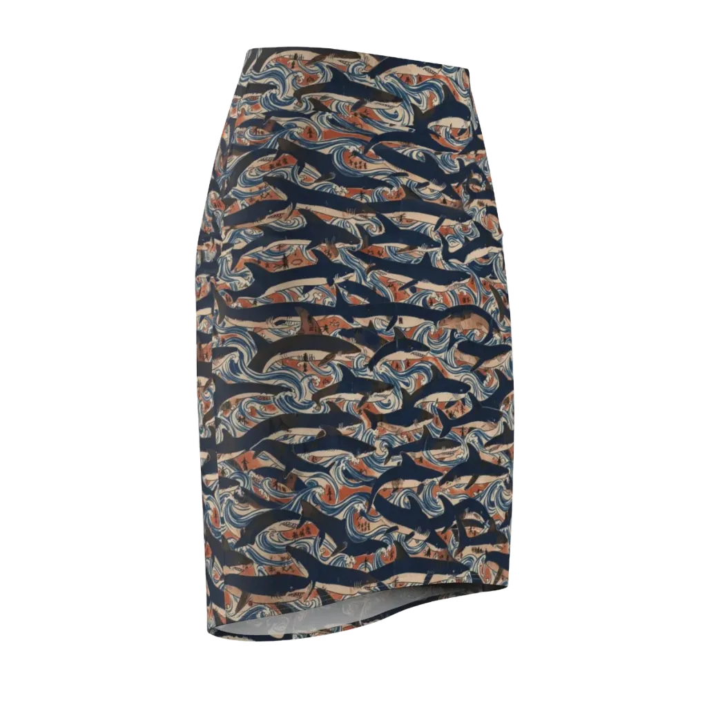 Indigo Koi Current on Pencil Skirt — Front Side
