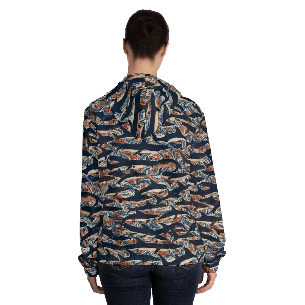Indigo Koi Current on Women's Full-Zip Hoodie — Back On Person