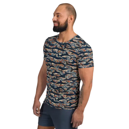 Indigo Koi Current on a Men's Athletic T-Shirt