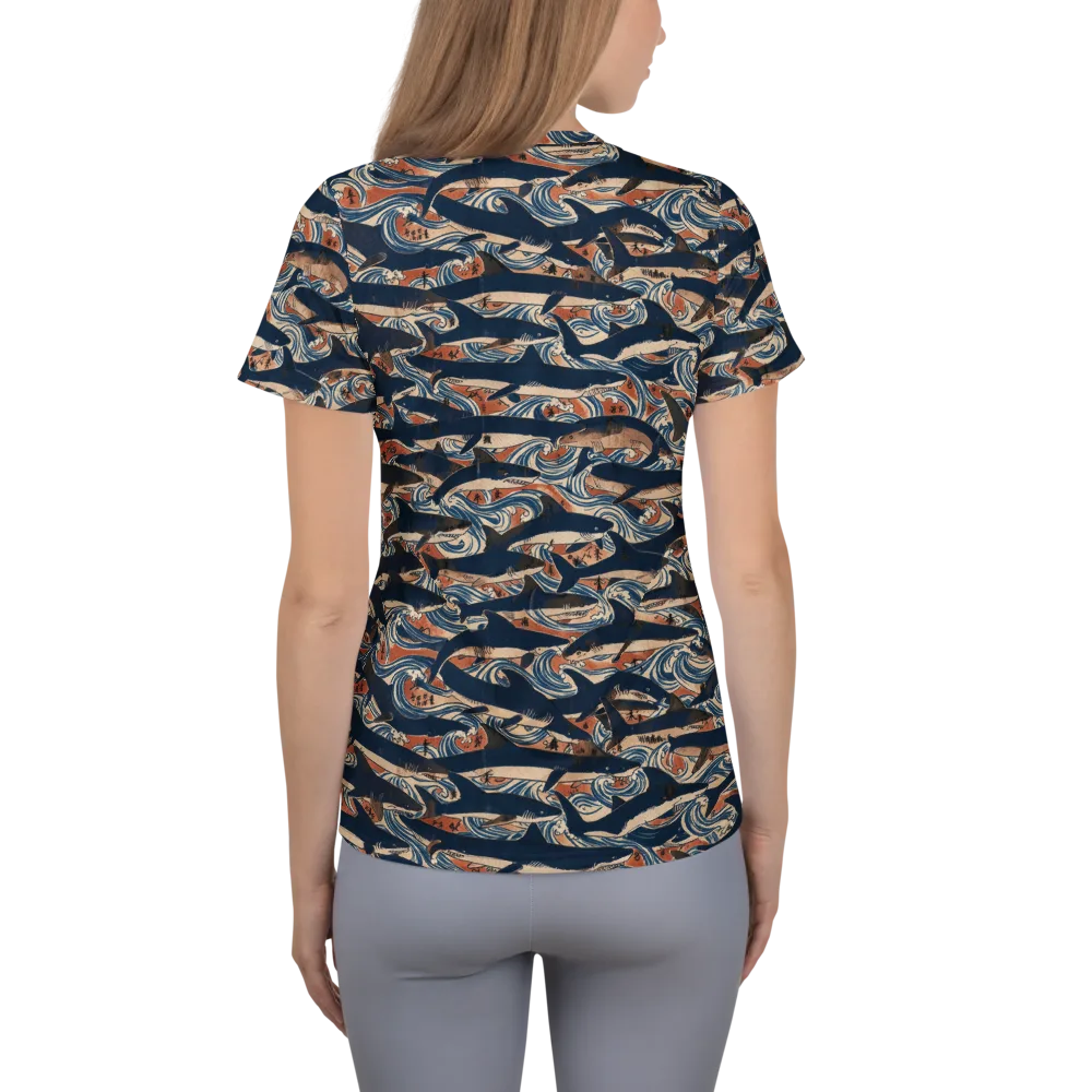 Indigo Koi Current on Women's Athletic T-Shirt — Back