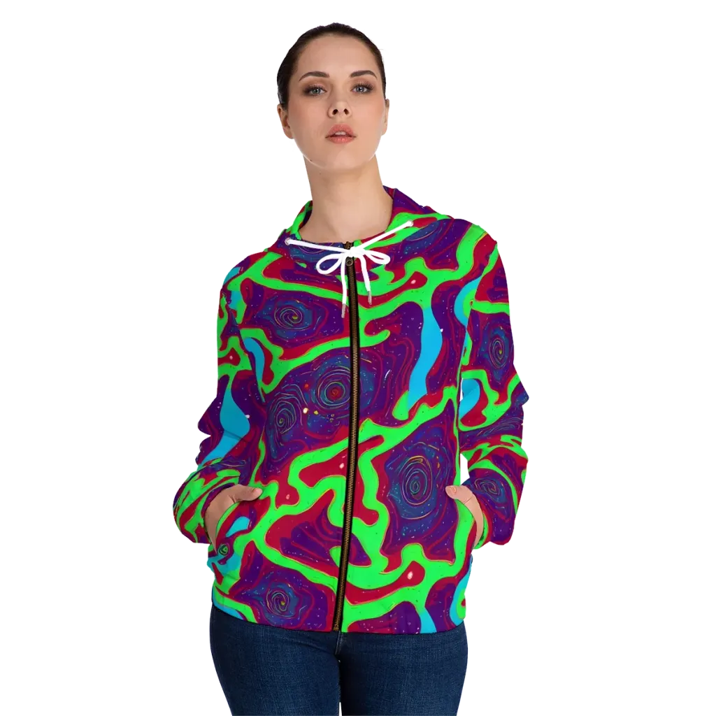 Neon Rose Riot on Women's Full-Zip Hoodie — Front On Person