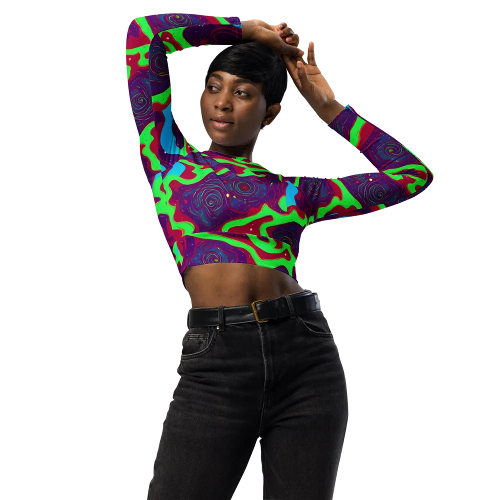 Neon Rose Riot on Long Sleeve Crop Top — Front