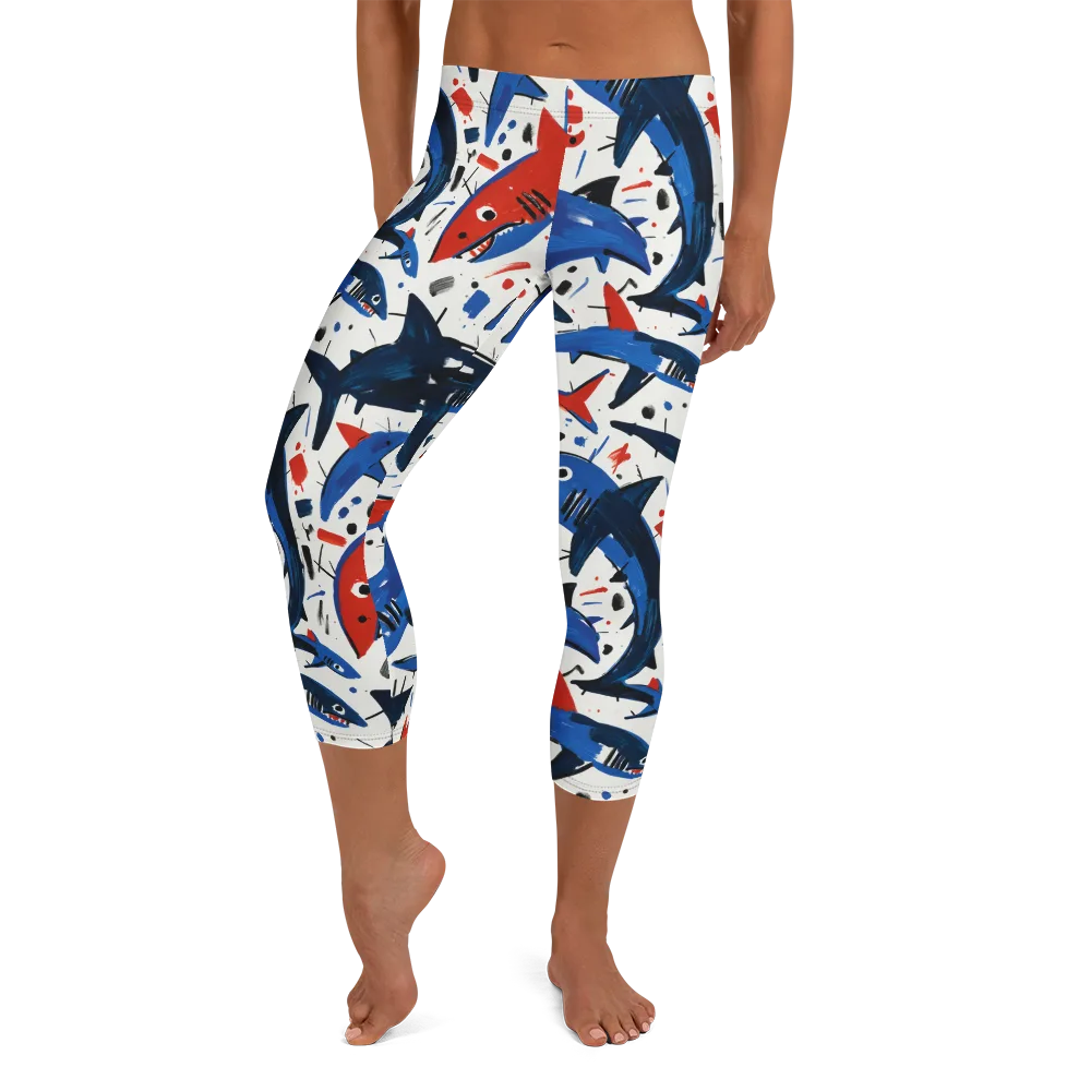 Shark Attack Abstract on Capri Leggings — Front