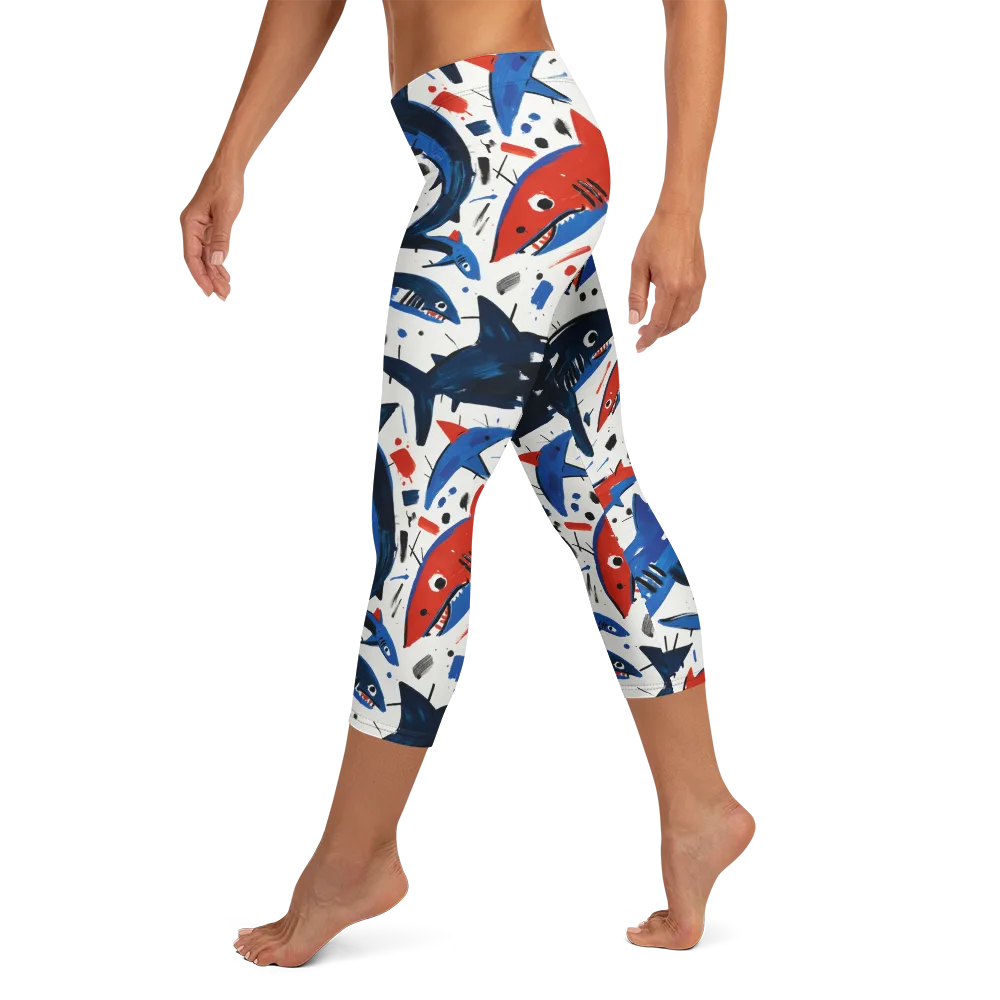 Shark Attack Abstract on Capri Leggings — Left