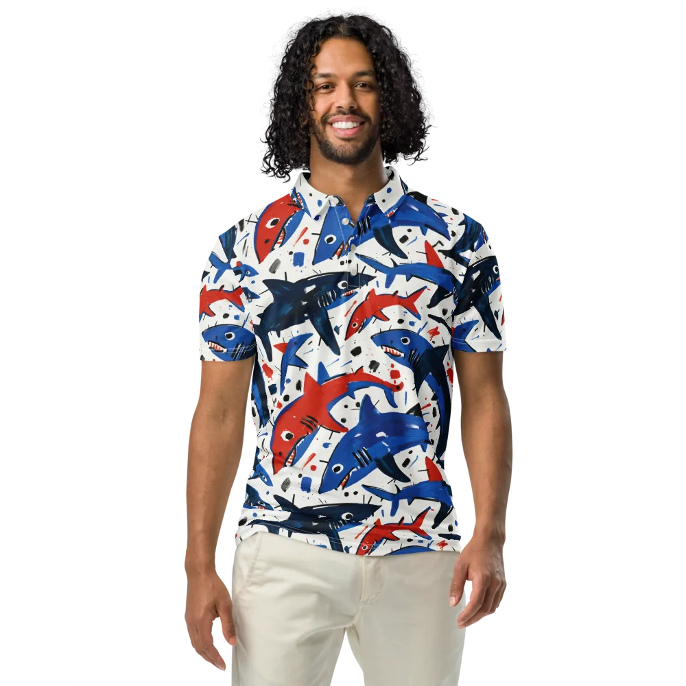 Shark Attack Abstract on Men's Slim Fit Polo Shirt — Front