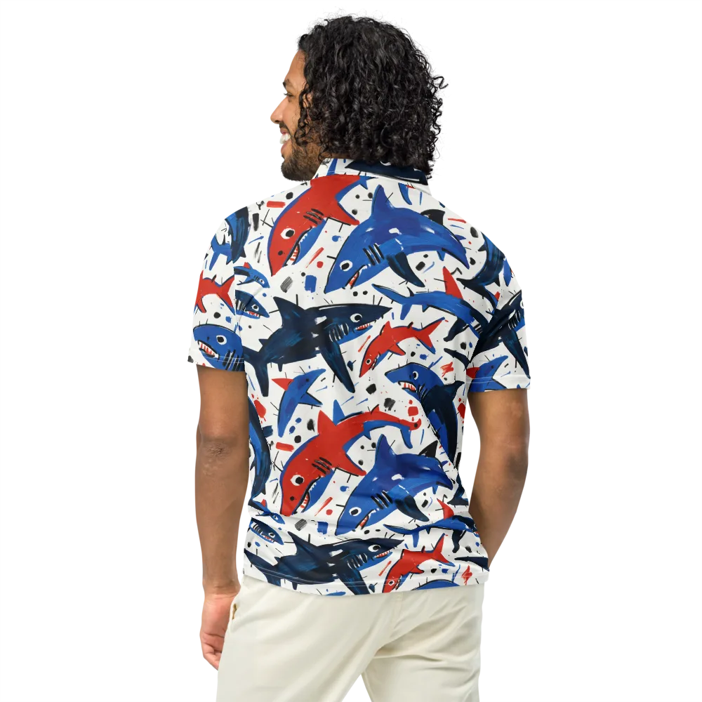 Shark Attack Abstract on Men's Slim Fit Polo Shirt — Back