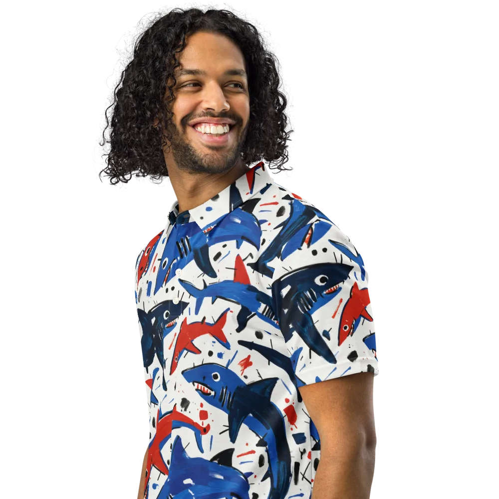 Shark Attack Abstract on Men's Slim Fit Polo Shirt — Left Front