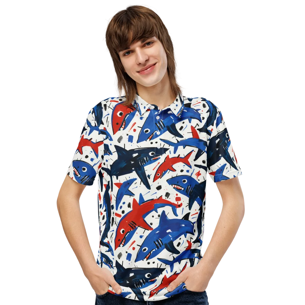 Shark Attack Abstract on Men's Slim Fit Polo Shirt — Front