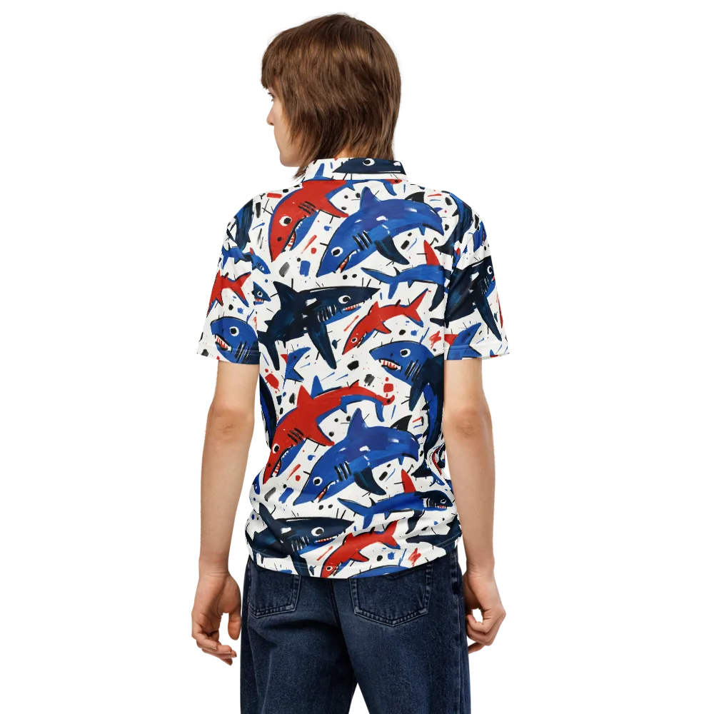 Shark Attack Abstract on Men's Slim Fit Polo Shirt — Back