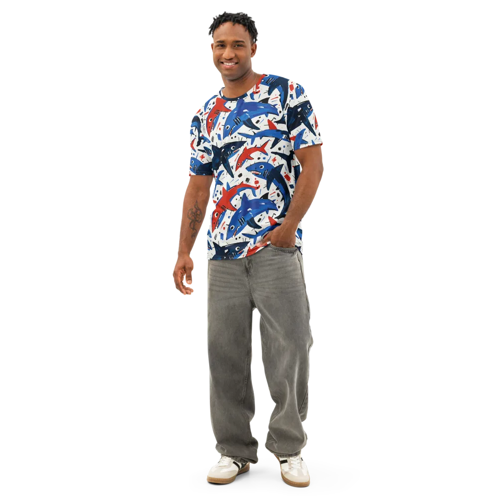 Shark Attack Abstract on Men's Cotton Crew Neck T-Shirt — Front