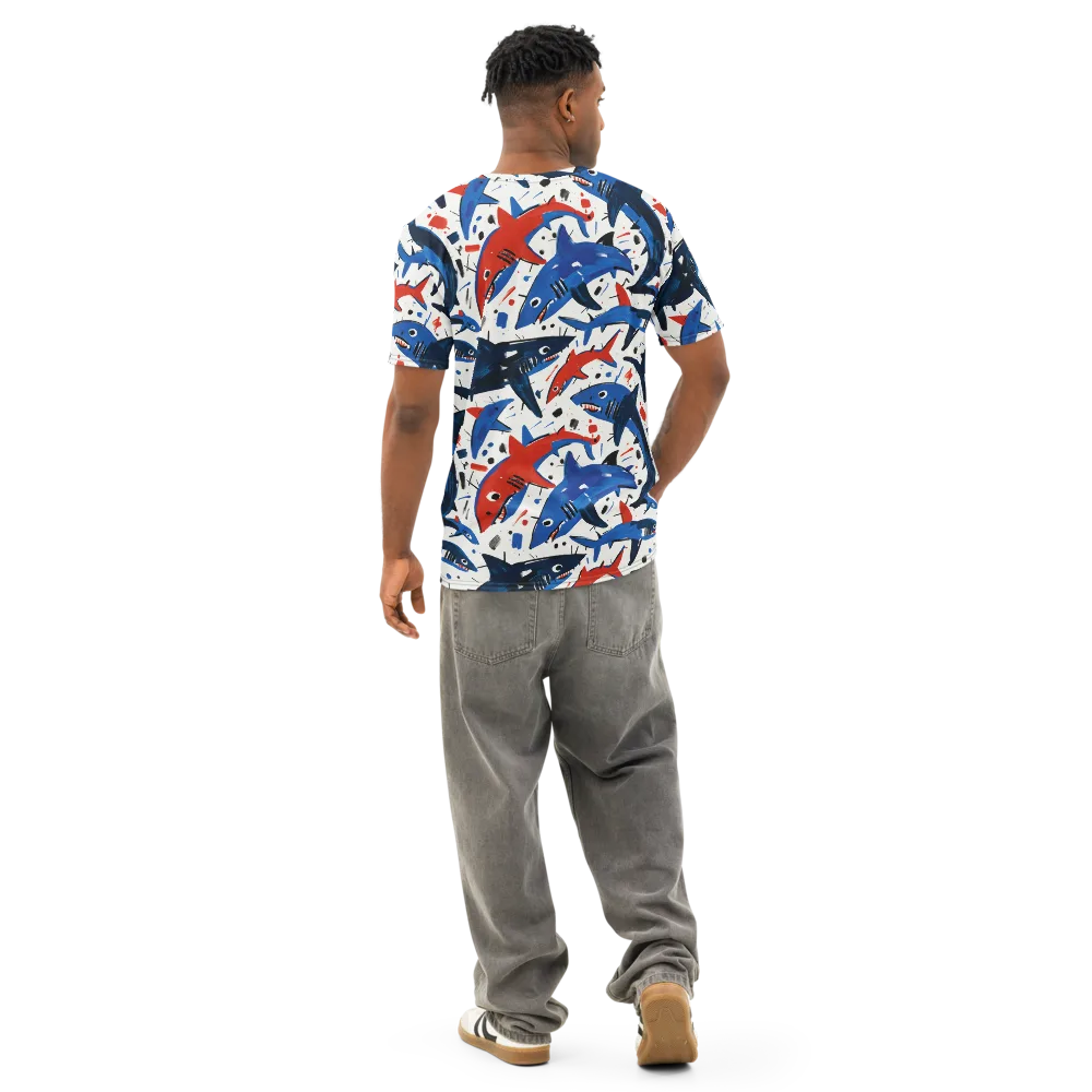 Shark Attack Abstract on Men's Cotton Crew Neck T-Shirt — Back