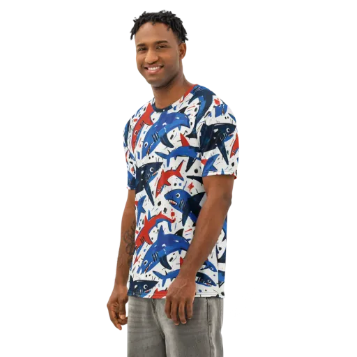 Shark Attack Abstract on a Men's Cotton Crew Neck T-Shirt