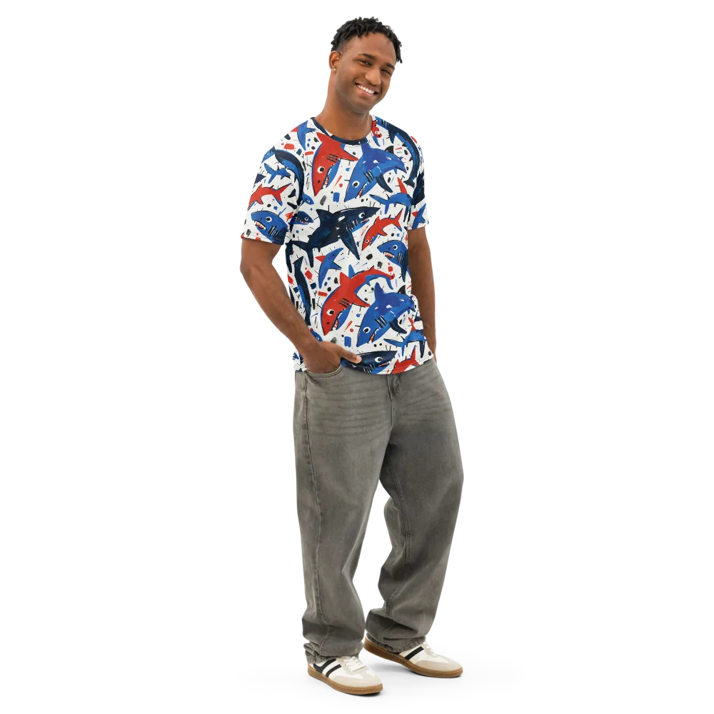 Shark Attack Abstract on Men's Cotton Crew Neck T-Shirt — Right Front