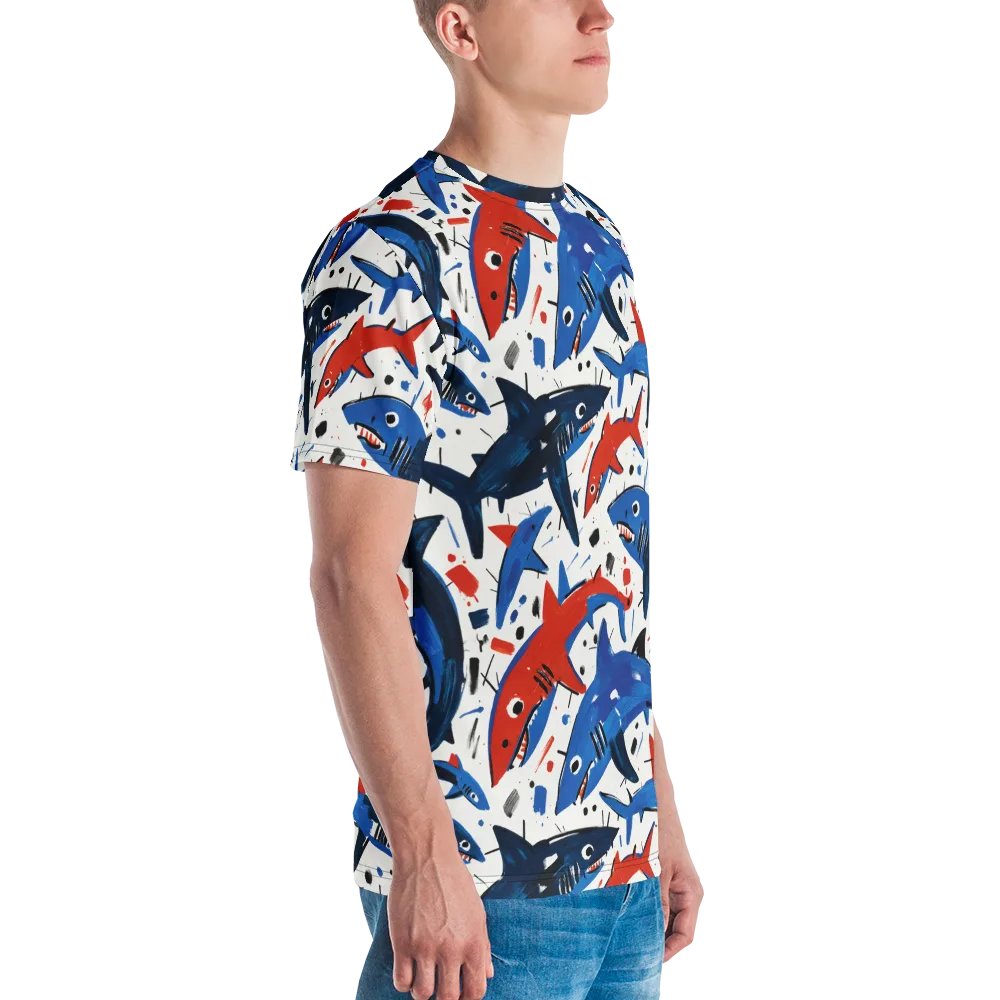 Shark Attack Abstract on Men's Crew Neck T-Shirt — Right