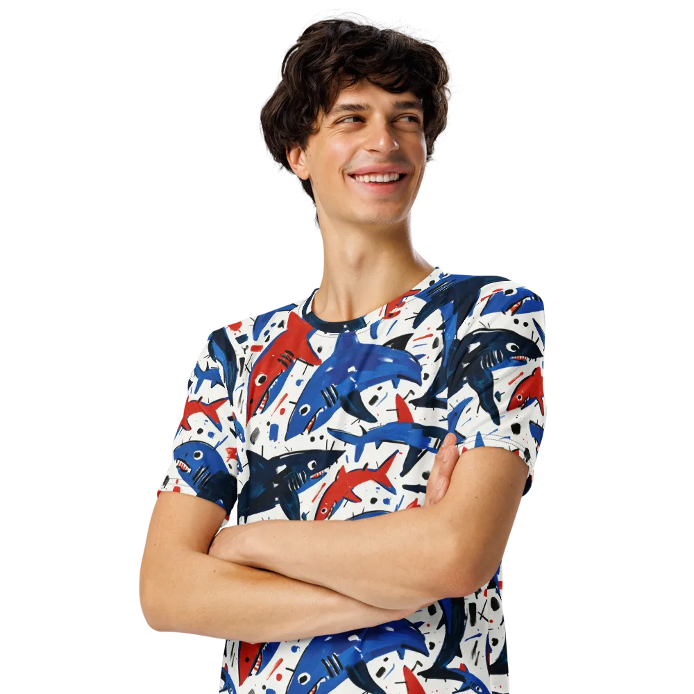 Shark Attack Abstract on Men's Crew Neck T-Shirt — Left Front