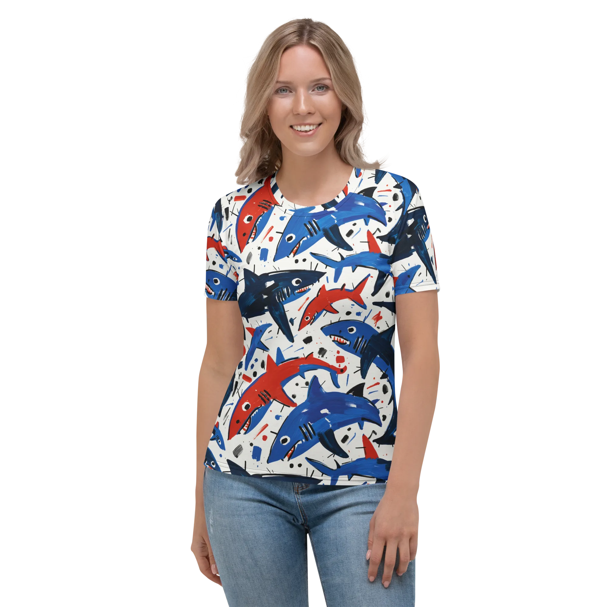 Shark Attack Abstract on Women's Crew Neck T-Shirt — Front