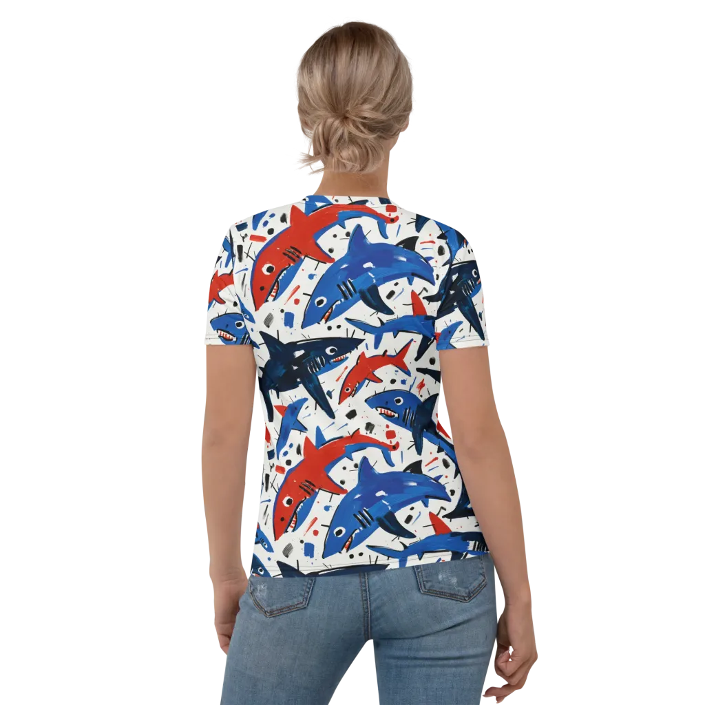 Shark Attack Abstract on Women's Crew Neck T-Shirt — Back