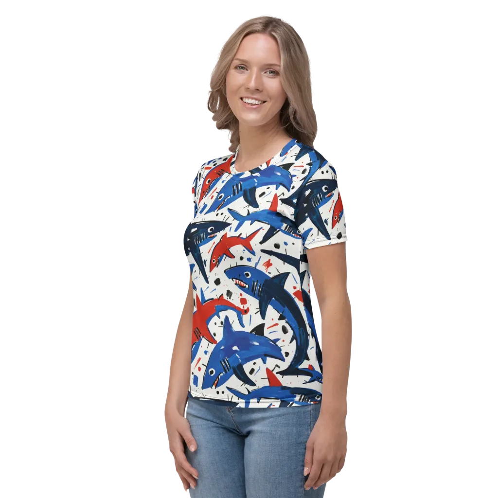 Shark Attack Abstract on Women's Crew Neck T-Shirt — Left
