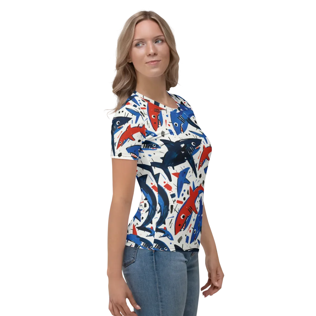 Shark Attack Abstract on Women's Crew Neck T-Shirt — Right
