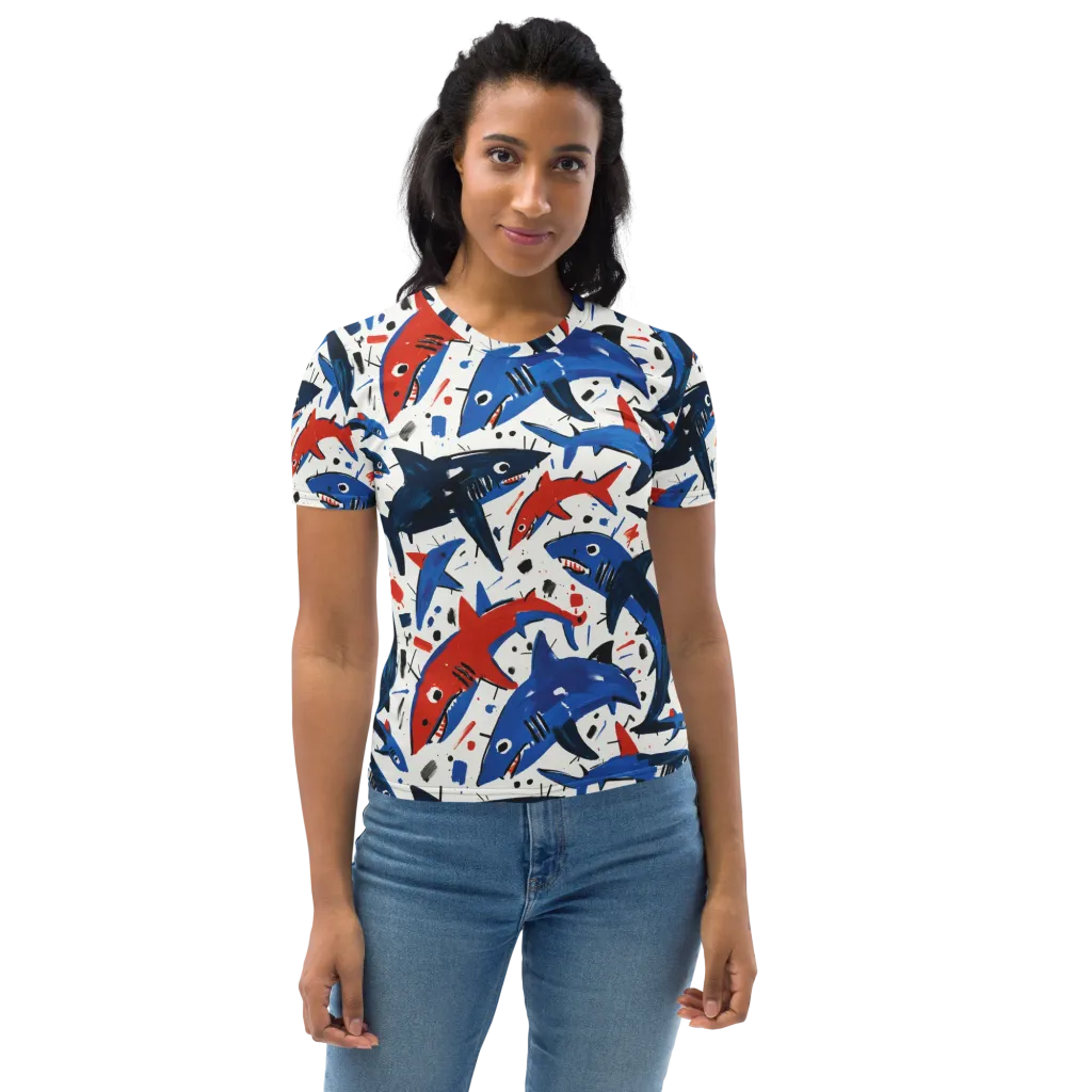 Shark Attack Abstract on Women's Crew Neck T-Shirt — Front