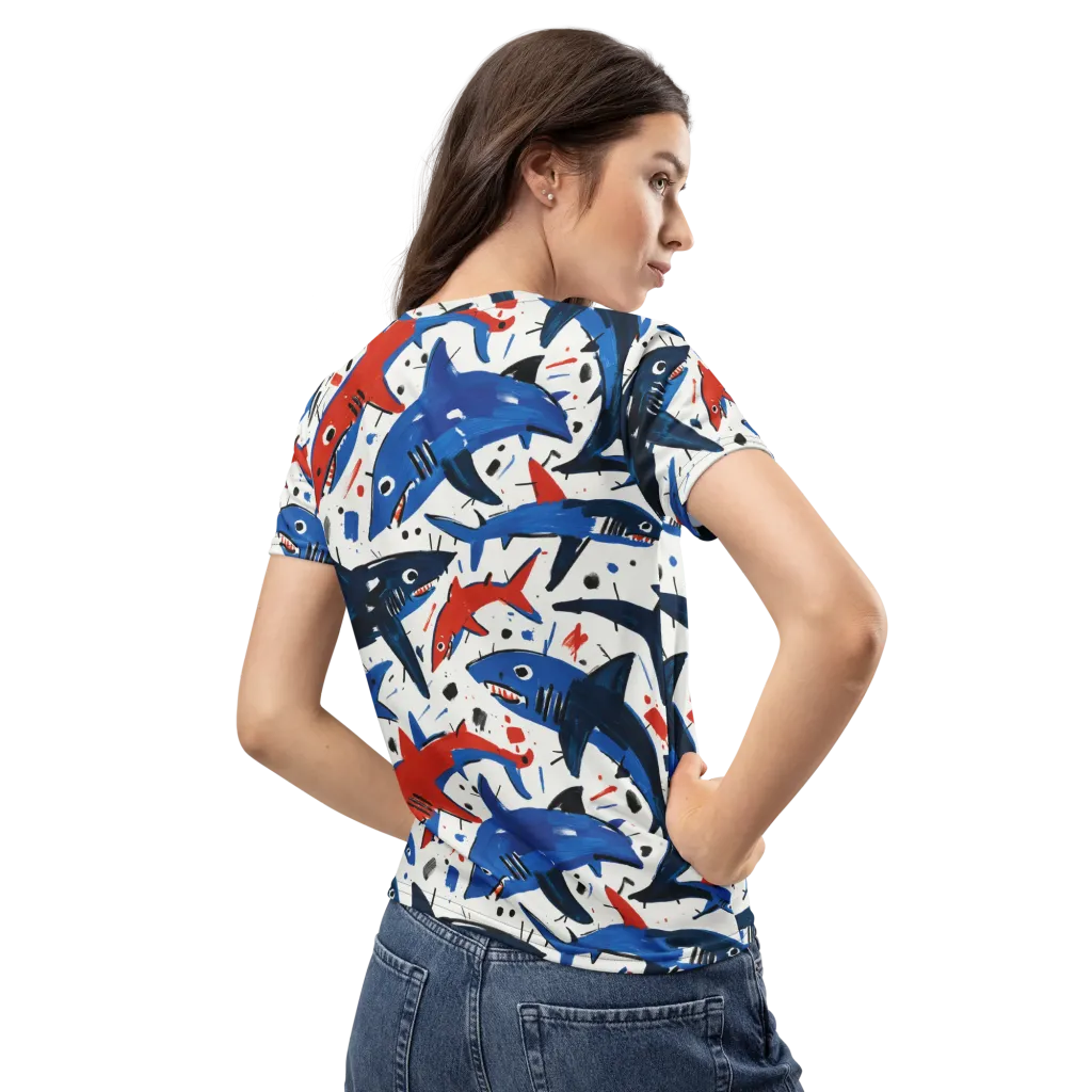 Shark Attack Abstract on Women's Crew Neck T-Shirt — Back