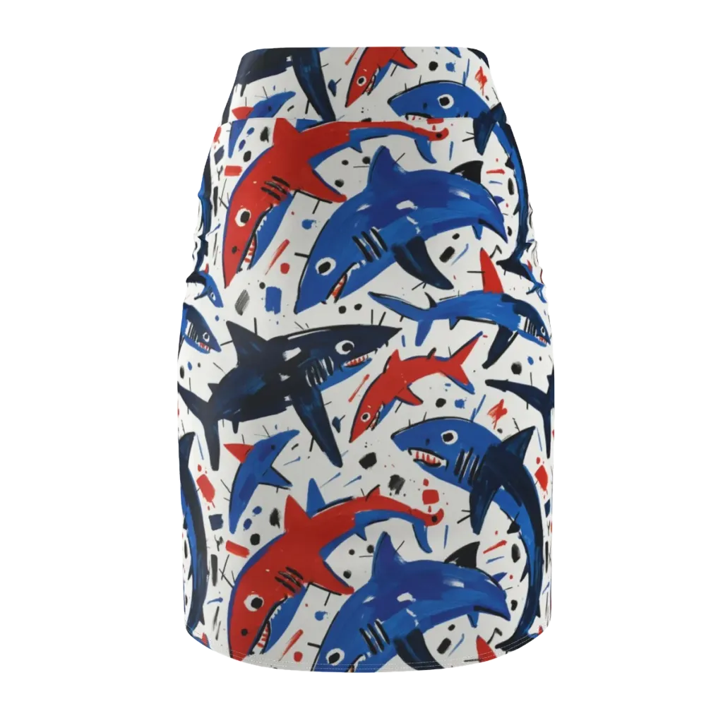 Shark Attack Abstract on Pencil Skirt — Back