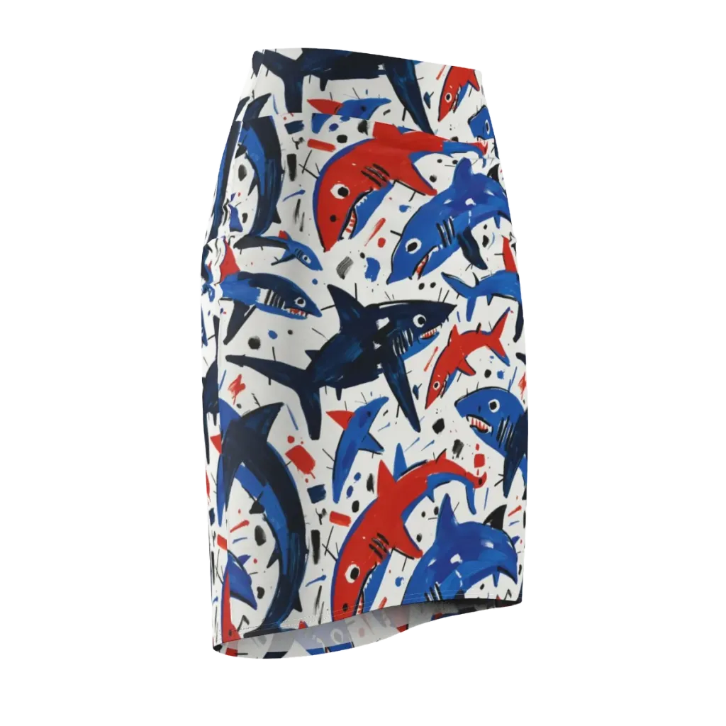 Shark Attack Abstract on Pencil Skirt — Front Side
