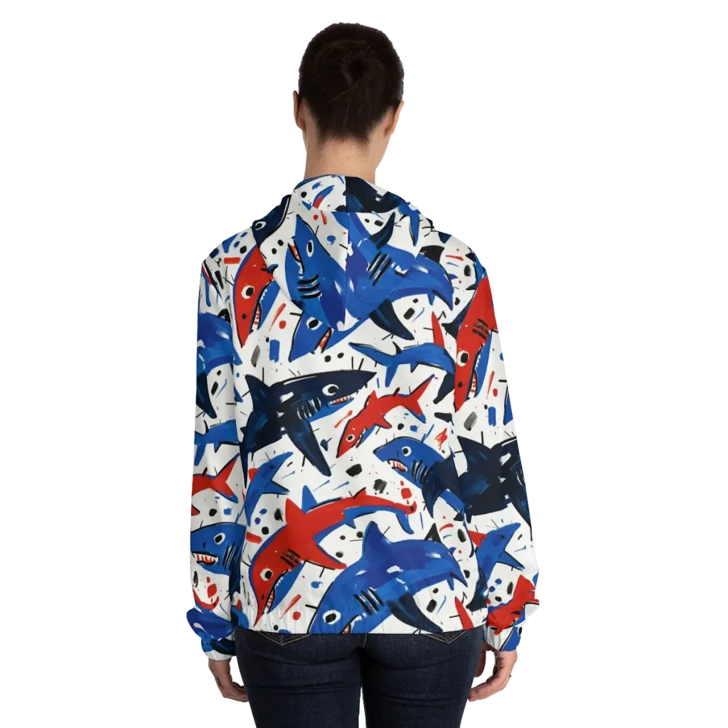 Shark Attack Abstract on Women's Full-Zip Hoodie — Back On Person