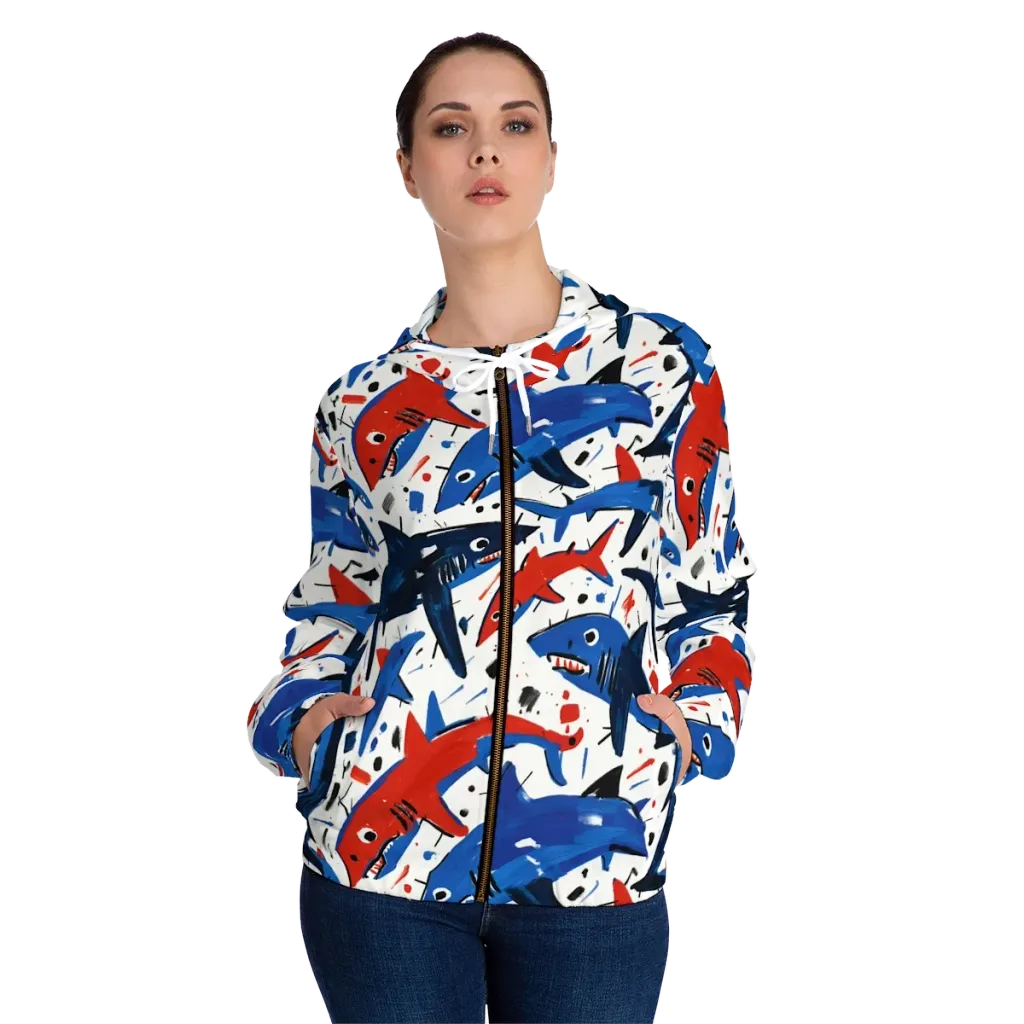 Shark Attack Abstract on Women's Full-Zip Hoodie — Front On Person