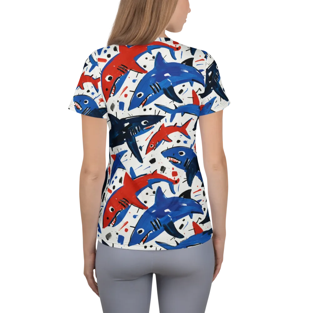 Shark Attack Abstract on Women's Athletic T-Shirt — Back
